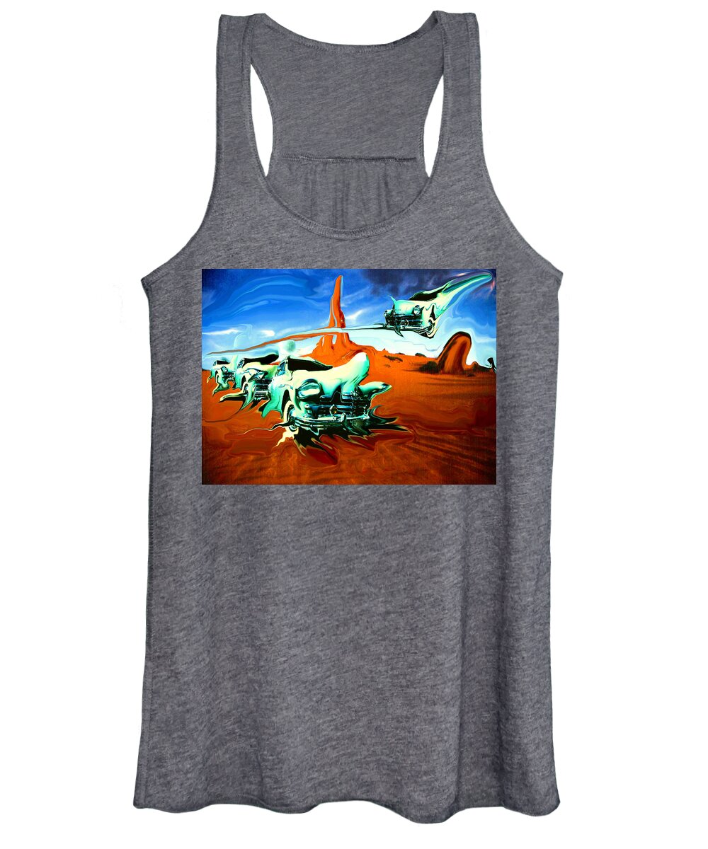 Art Women's Tank Top featuring the painting Green Cars In Red Desert - Surrealistic Fantasy Art by Peter Potter