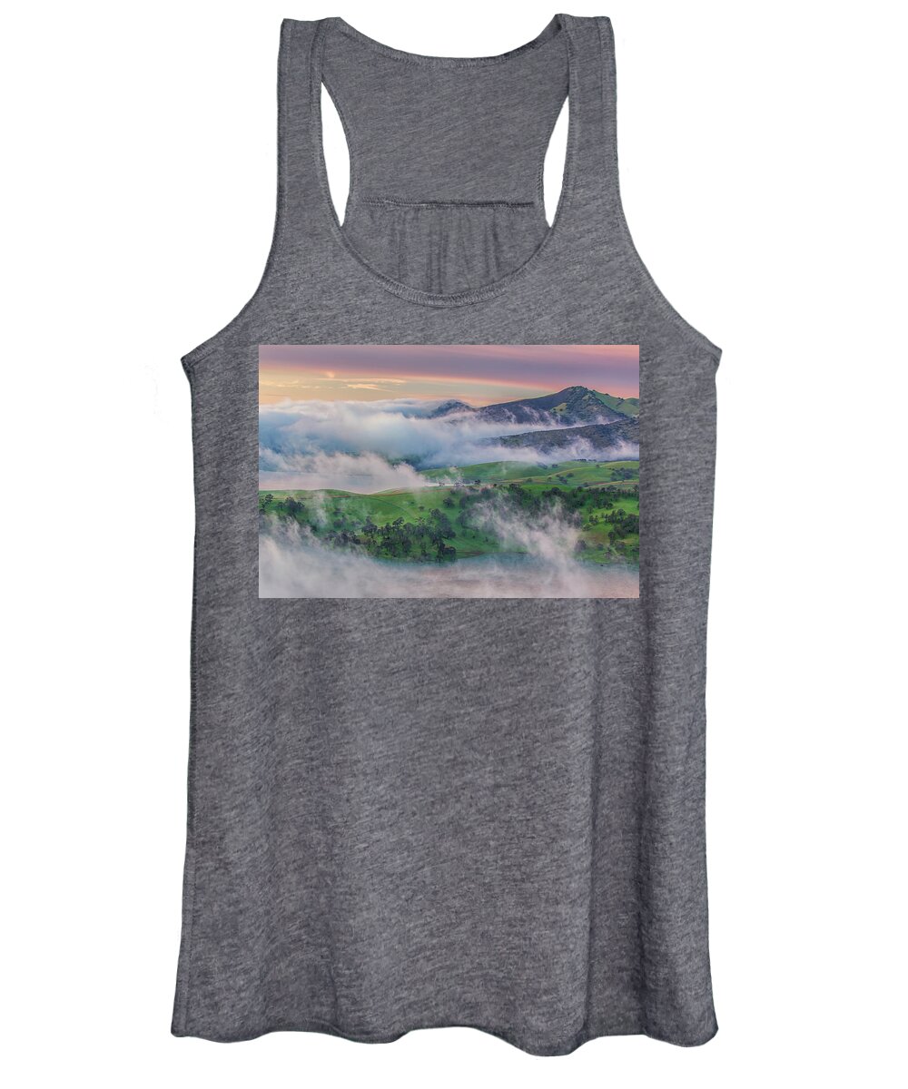 Landscape Women's Tank Top featuring the photograph Green Hills and Fog at Sunrise by Marc Crumpler
