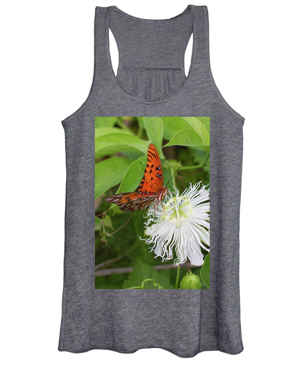 Gulf Fritillary Women's Tank Top featuring the photograph Gulf Fritillary on White Passionflower by Paul Rebmann