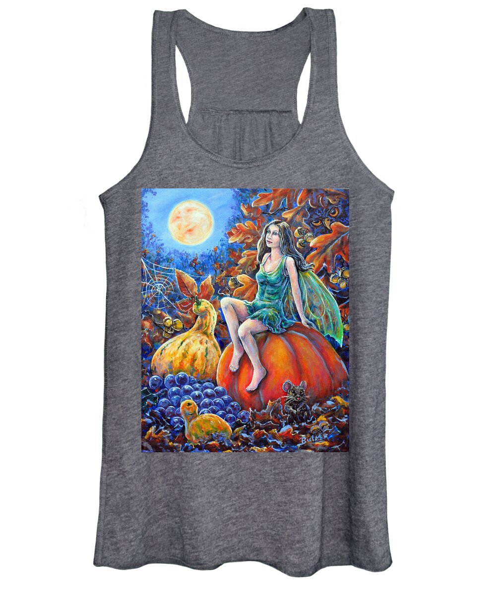 Fairy Moon Fall Pumpkin Gourd Mouse Harvest Owl Orange Grapes Women's Tank Top featuring the painting Harvest Moon by Gail Butler