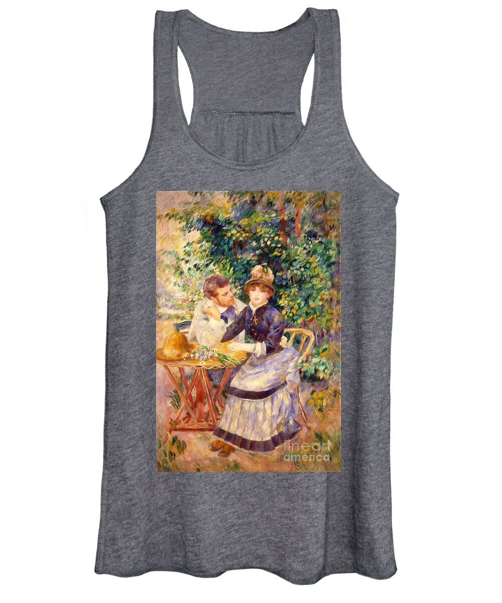 Impressionism; Impressionist; Male; Female; Relationship; Lovers; Flirtation; Coy; Seated; Attentive; Wooing; Flowers; Persistence; Persistent Women's Tank Top featuring the painting In the Garden by Pierre Auguste Renoir