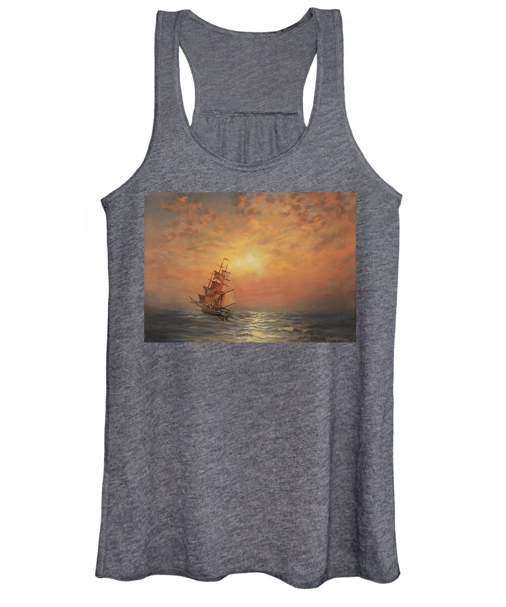 Sailing Ship Women's Tank Top featuring the painting Into the Sunset by Tom Shropshire