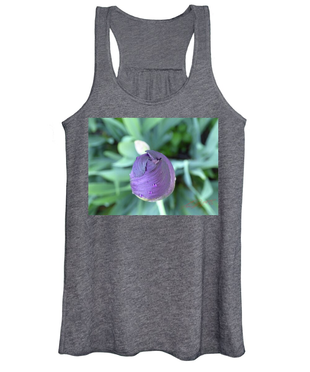 Garden Raw Purple Violet Flower Wet Water Raindrop Green Bloom Close Macro Orange Bearded Iris Rhizome Bulb Tube Unedited As-is Spring North East New Jersey Women's Tank Top featuring the photograph Iris After the Rain V by Leon DeVose