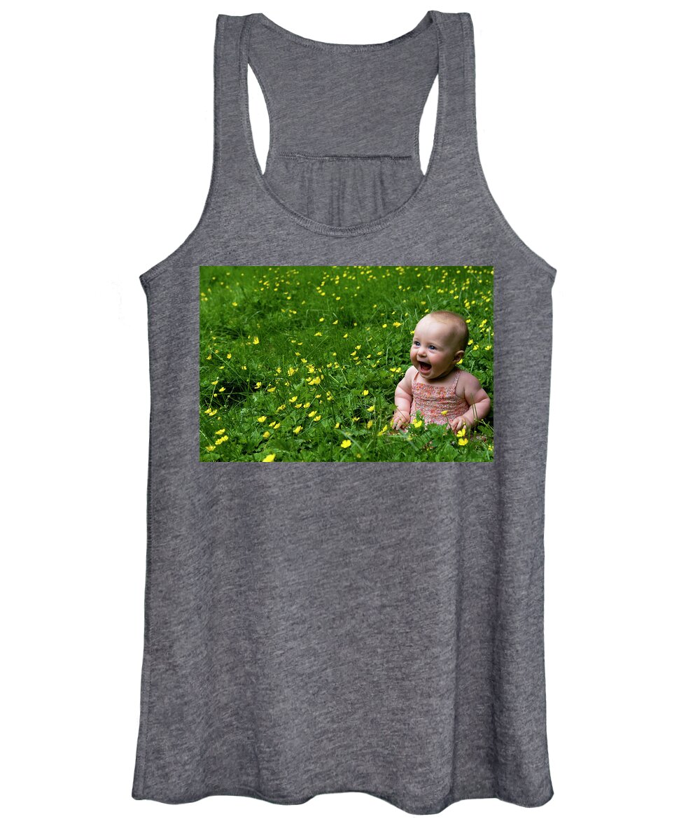 Baby Women's Tank Top featuring the photograph Joyful Baby in Flowers by Lorraine Devon Wilke