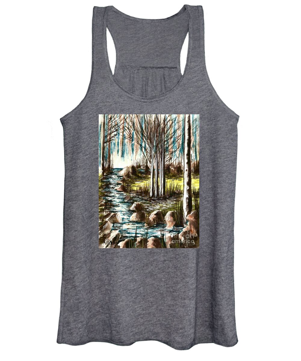#forest #water #trees #rivers #landscapes #rocks #watercolors Women's Tank Top featuring the painting Just Around the Riverbend by Allison Constantino