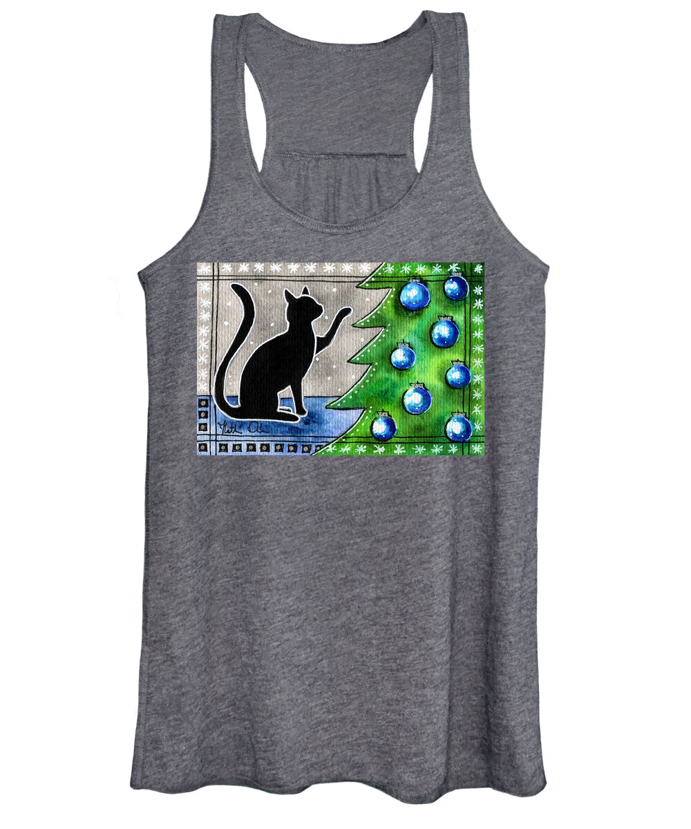 Just Counting Balls Women's Tank Top featuring the painting Just Counting Balls - Christmas Cat by Dora Hathazi Mendes