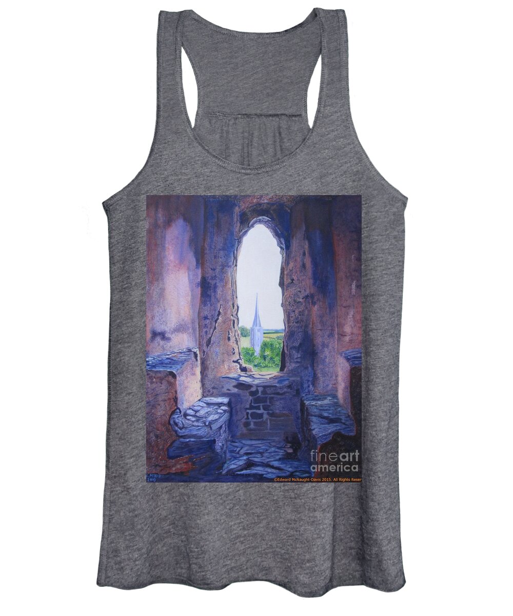 Painting Kidwelly Castle Window Overlooking Kidwelly Church Women's Tank Top featuring the painting Kidwelly Castle Window Overlooking Kidwelly Village Church by Edward McNaught-Davis