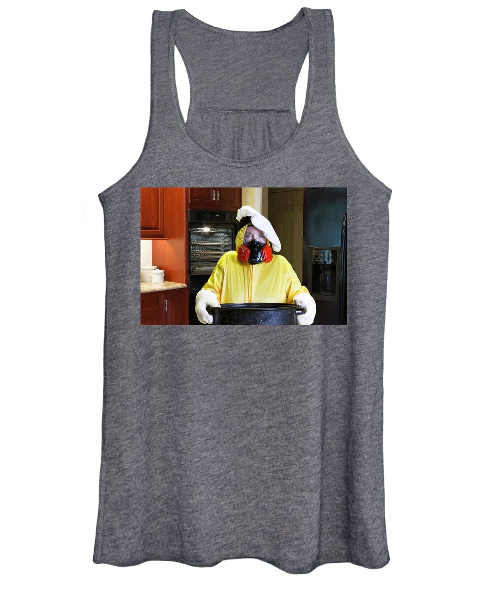 Burning Women's Tank Top featuring the photograph Kitchen disaster with HazMat suit by Karen Foley