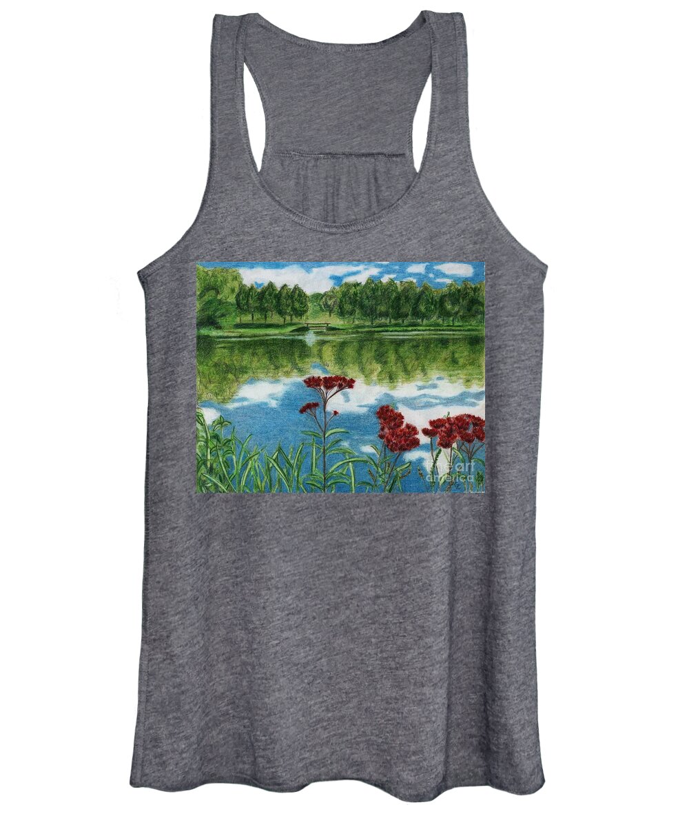 Lake Women's Tank Top featuring the drawing Lake with Red Flowers by Glenda Zuckerman