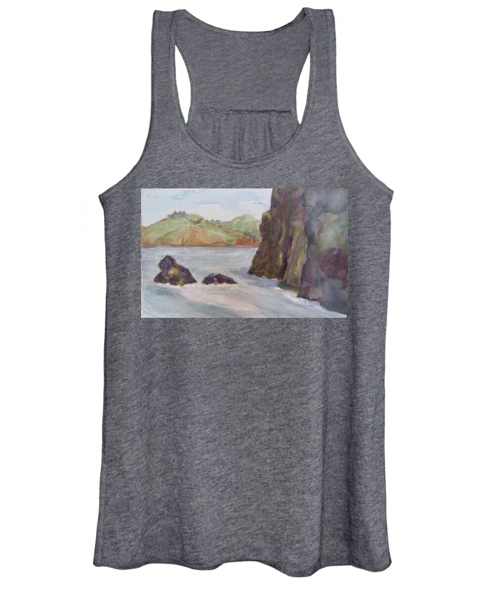 Golden Gate Women's Tank Top featuring the painting Lands End Rocks by Karen Coggeshall