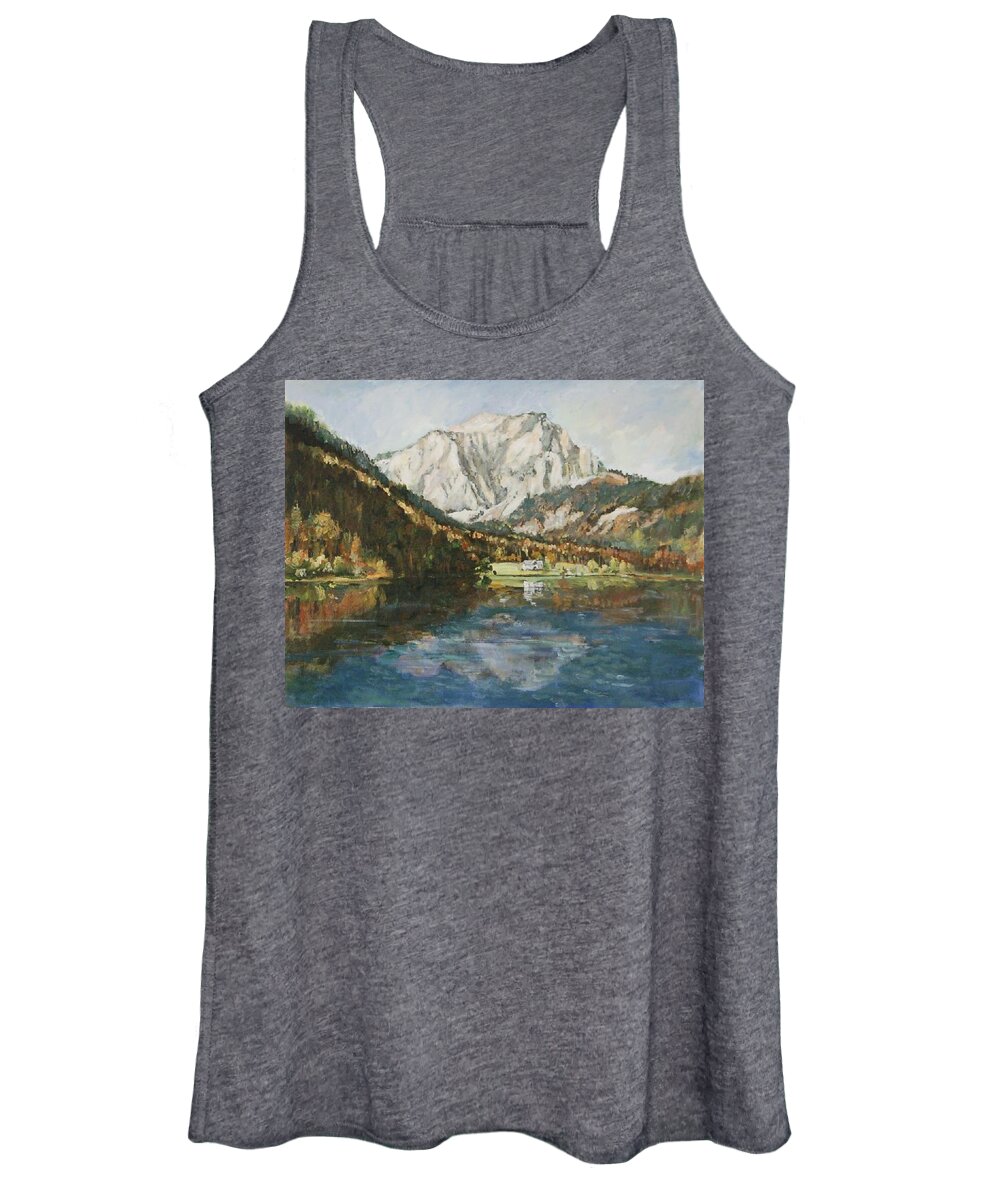 Landscape Women's Tank Top featuring the painting Langbathsee Austria by Ingrid Dohm
