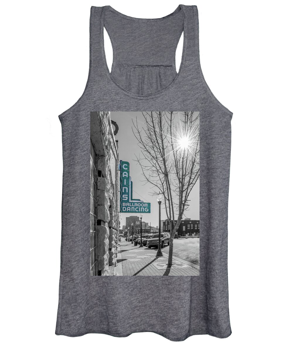 Cains Women's Tank Top featuring the photograph Light-Cain's Black and White with Starburst Turquoise Sign by Bert Peake