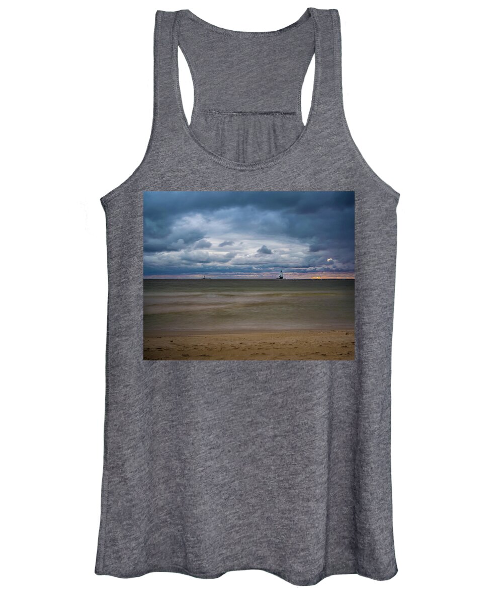 Ludington Mi Women's Tank Top featuring the photograph Lighthouse Under Brewing Clouds by Lester Plank