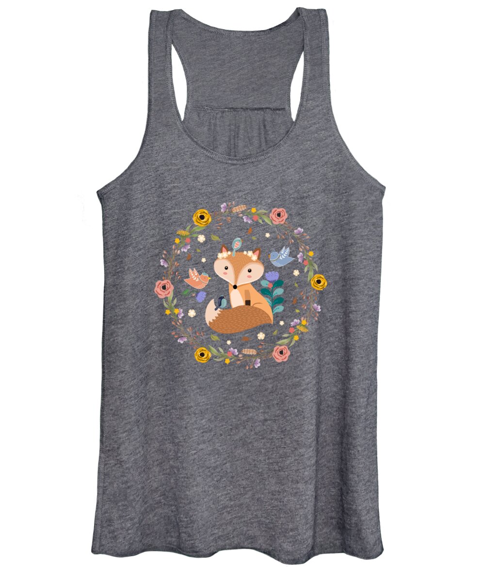 Painting Women's Tank Top featuring the painting Little Princess Fox With Friends And Foliage by Little Bunny Sunshine