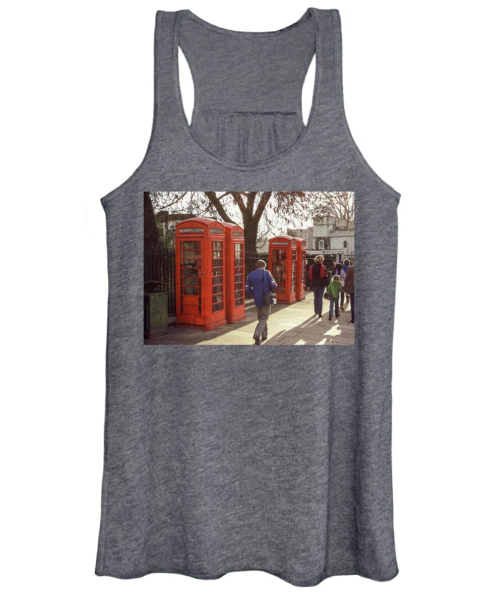 Phone Booths Women's Tank Top featuring the photograph London Call Boxes by Jim Mathis