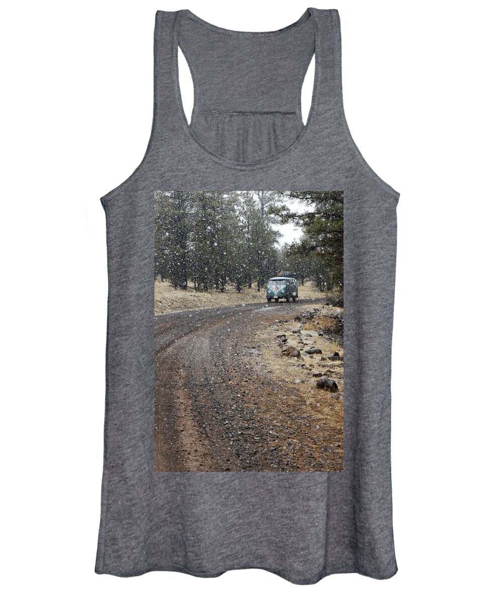 Bus Women's Tank Top featuring the photograph Lone Bus On a Snowy Wooded Road by Richard Kimbrough