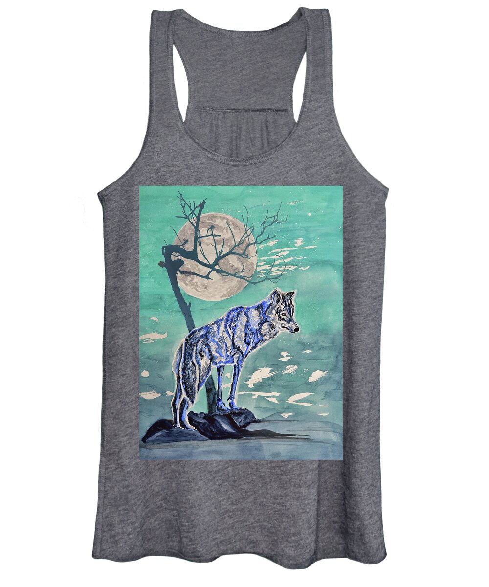 Linda Brody Women's Tank Top featuring the painting Lone Wolf with Tree by Linda Brody