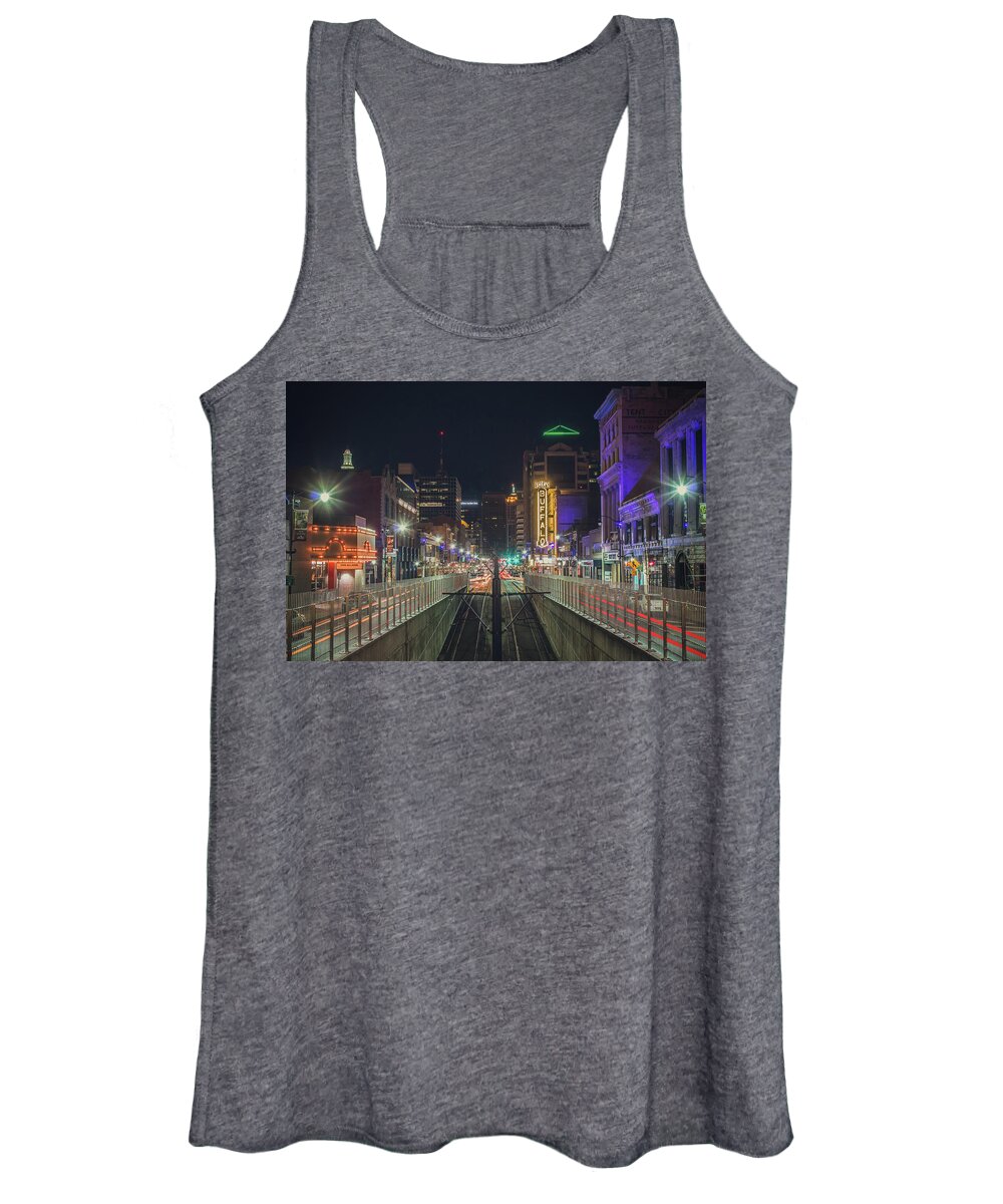 Buffalo Women's Tank Top featuring the photograph Looking south on Main Street in Buffalo at night by Jay Smith