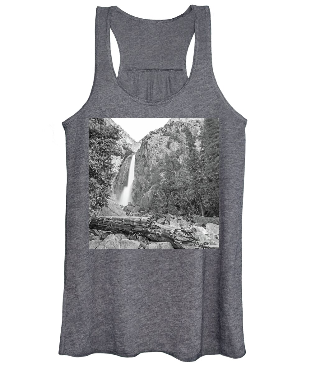 Lower Yosemite Falls In Black And White By Michael Tidwell Women's Tank Top featuring the photograph Lower Yosemite Falls in Black and White by Michael Tidwell by Michael Tidwell
