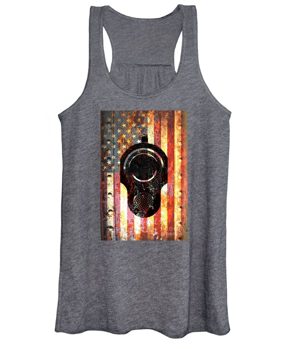 M1911 Women's Tank Top featuring the digital art M1911 Colt 45 On Rusted American Flag by M L C