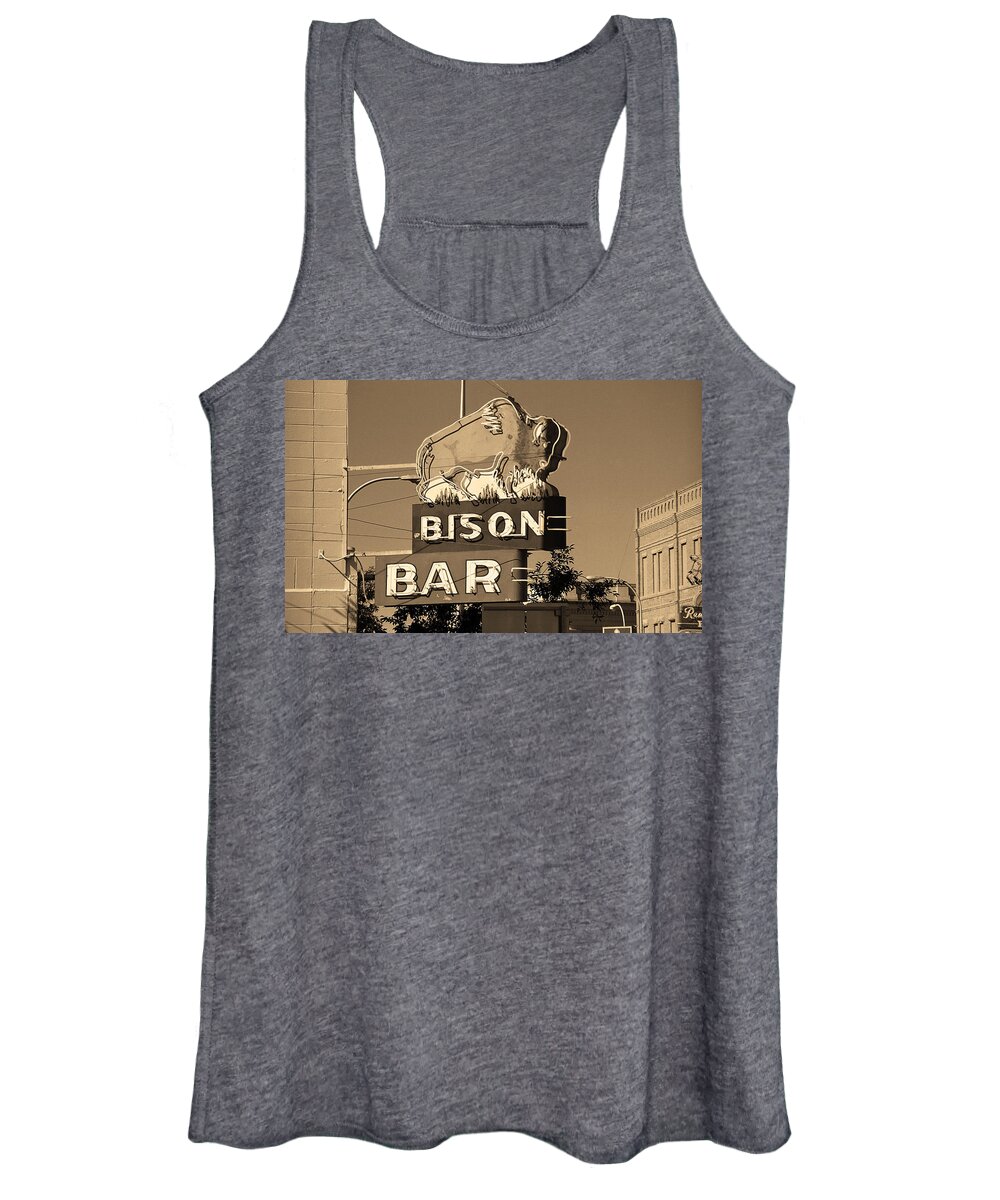 America Women's Tank Top featuring the photograph Miles City, Montana - Bison Bar Sepia by Frank Romeo