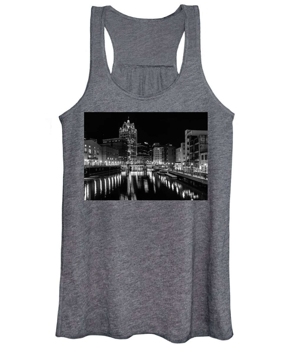 Monochrome Women's Tank Top featuring the photograph Milwaukee at Night by John Roach