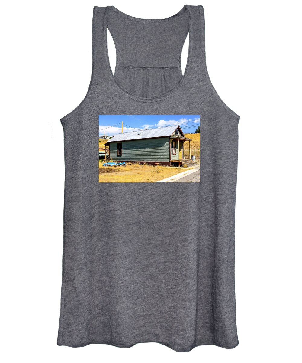 Old; Miners; One-room; House; Butte; Montana; Mt; Shack; Wooden; Home; Housing; Abode; Homestead; Building; Dwelling; Place; Residence; Residential; Property; Habitat; Address; Premises; Location; Neighborhood; Pioneer; Americana; Usa Women's Tank Top featuring the photograph Miners shack in Montana by Chris Smith