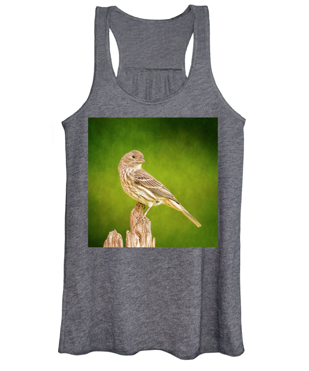Chordata Women's Tank Top featuring the photograph Miss Finch Strikes A Pose On Green by Bill and Linda Tiepelman