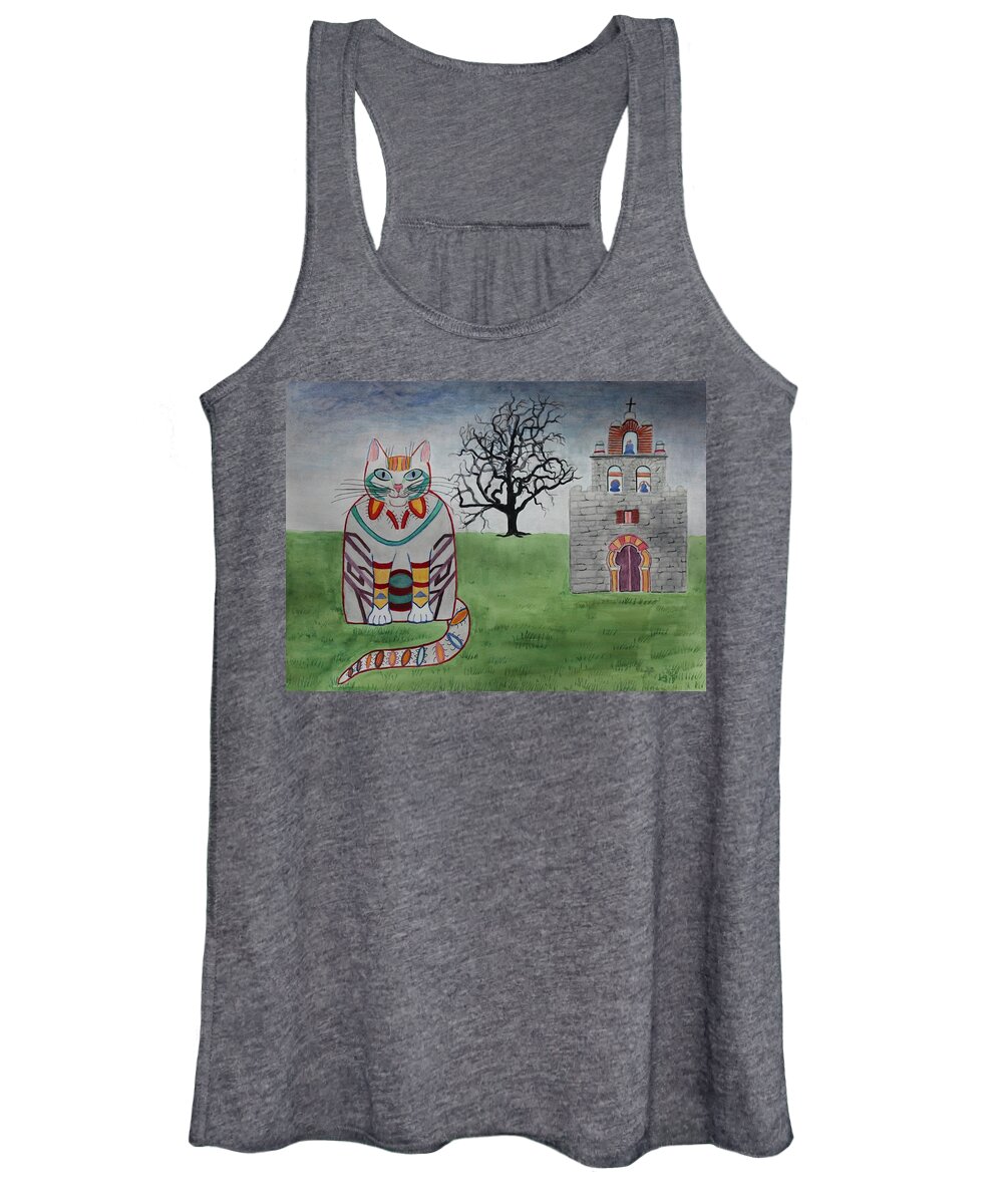 Mission Espada Women's Tank Top featuring the painting Mission Espada Cat by Vera Smith