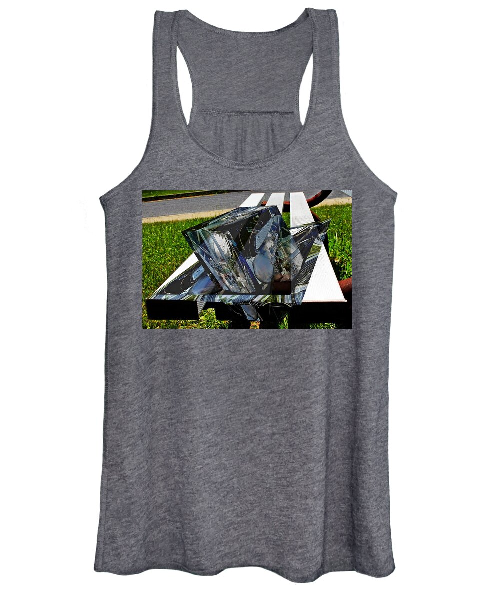 Cars Women's Tank Top featuring the digital art Motorcycle and park bench as art by Karl Rose