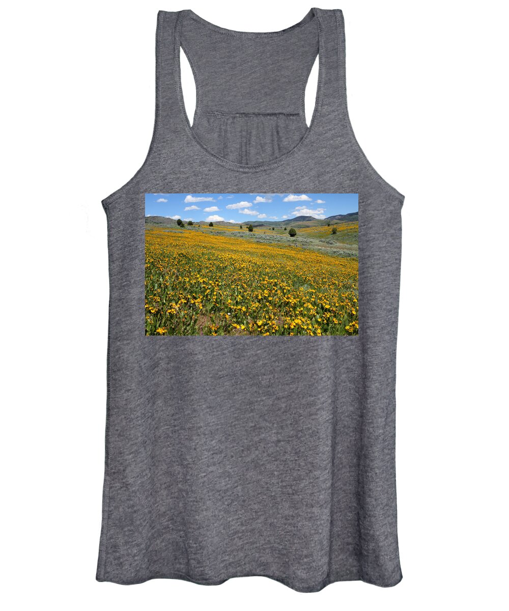 No People Women's Tank Top featuring the photograph Mountain Meadows of Yellow Wildflowers by Brett Pelletier