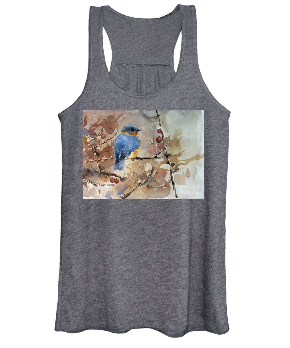 A Male Eastern Bluebird Rests On A Limb In Winter. Women's Tank Top featuring the painting Near Spring by Monte Toon