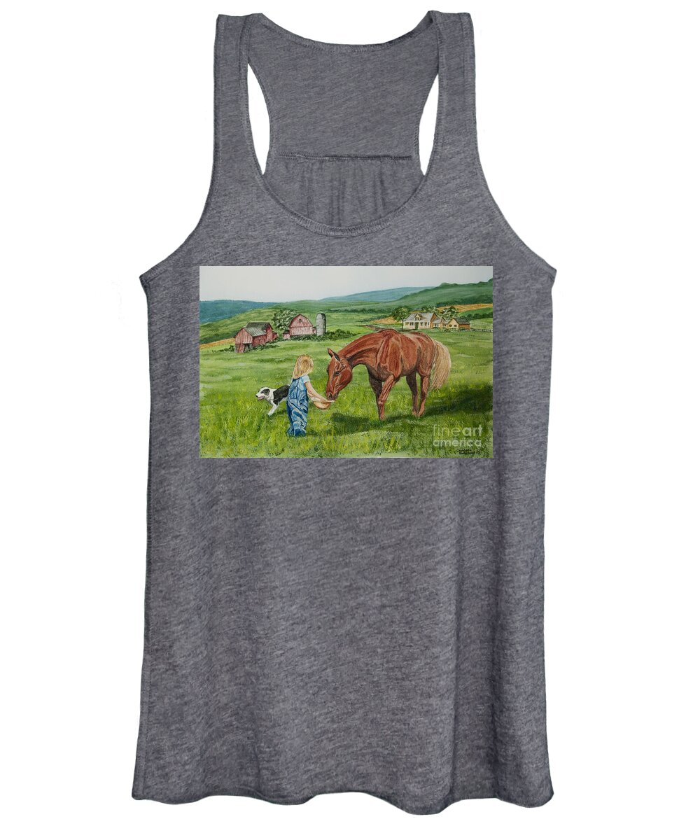 Country Kids Art Women's Tank Top featuring the painting New Friends by Charlotte Blanchard