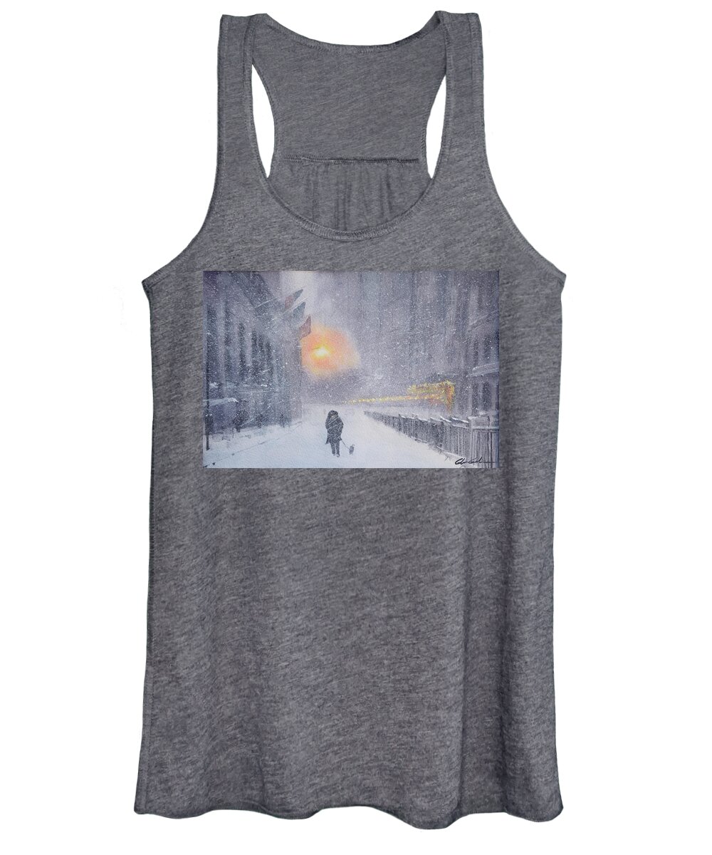 New York Women's Tank Top featuring the painting New York Quiet Snowy Walk by Glenn Galen