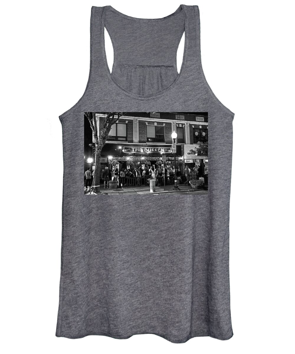 Burren Women's Tank Top featuring the photograph Night out at the Burren Somerville MA Davis Square Black and White by Toby McGuire