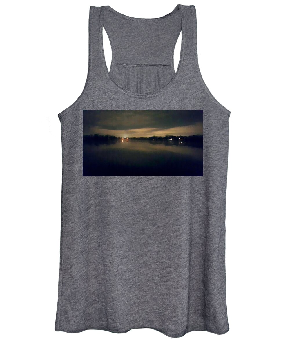 Night Women's Tank Top featuring the photograph Night Sky Over Lake with Clouds by Lynn Hansen