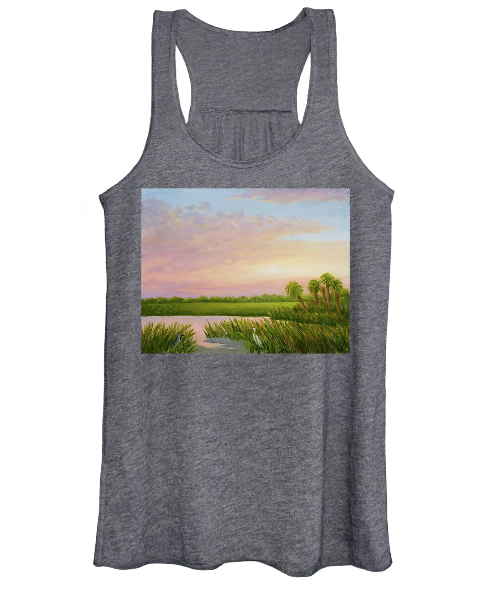  Sunset Over The Marsh Grasses Women's Tank Top featuring the painting Sunset Friends by Audrey McLeod