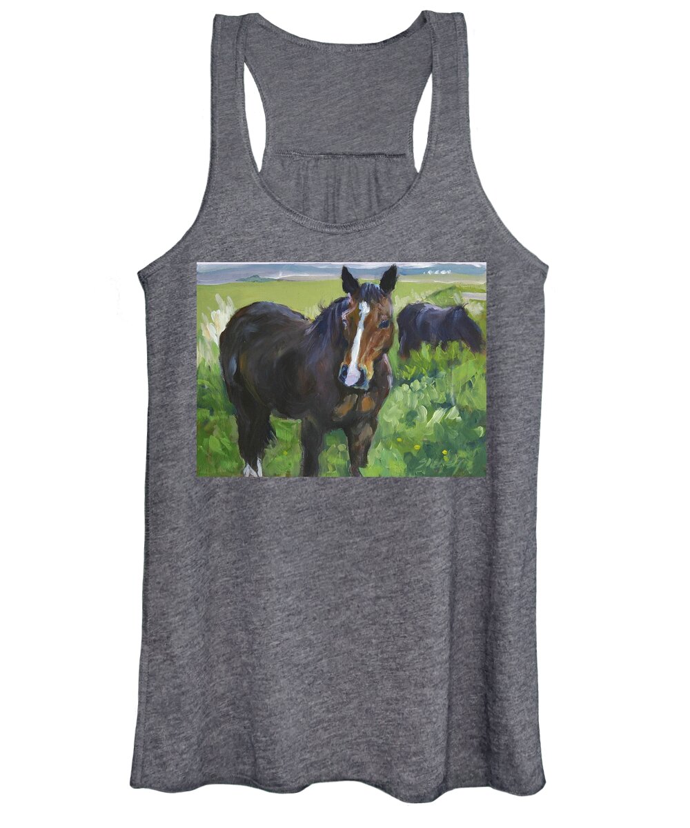 Horses Women's Tank Top featuring the painting Oh It's You Again by Sheila Wedegis