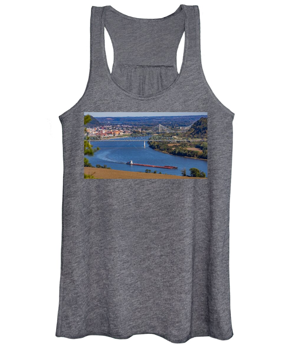 River Barge Women's Tank Top featuring the photograph Ohio River at Portsmouth Ohio by Kevin Craft