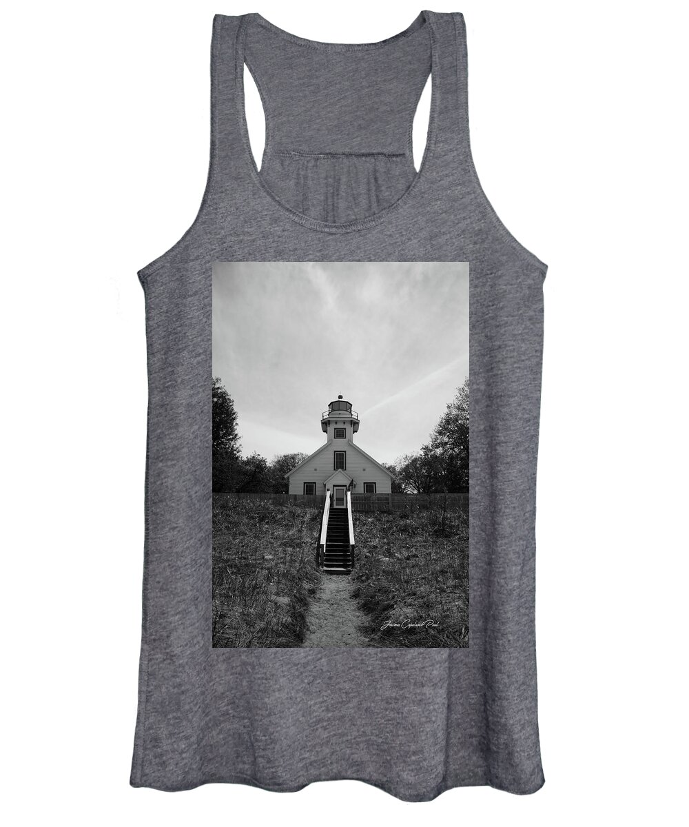 Black And White Lighthouse Women's Tank Top featuring the photograph Old Mission Point Lighthouse by Joann Copeland-Paul