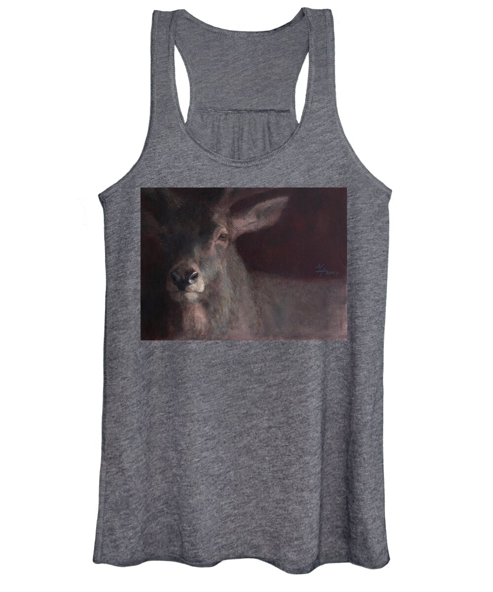 Deer Women's Tank Top featuring the painting Old Stag by Attila Meszlenyi