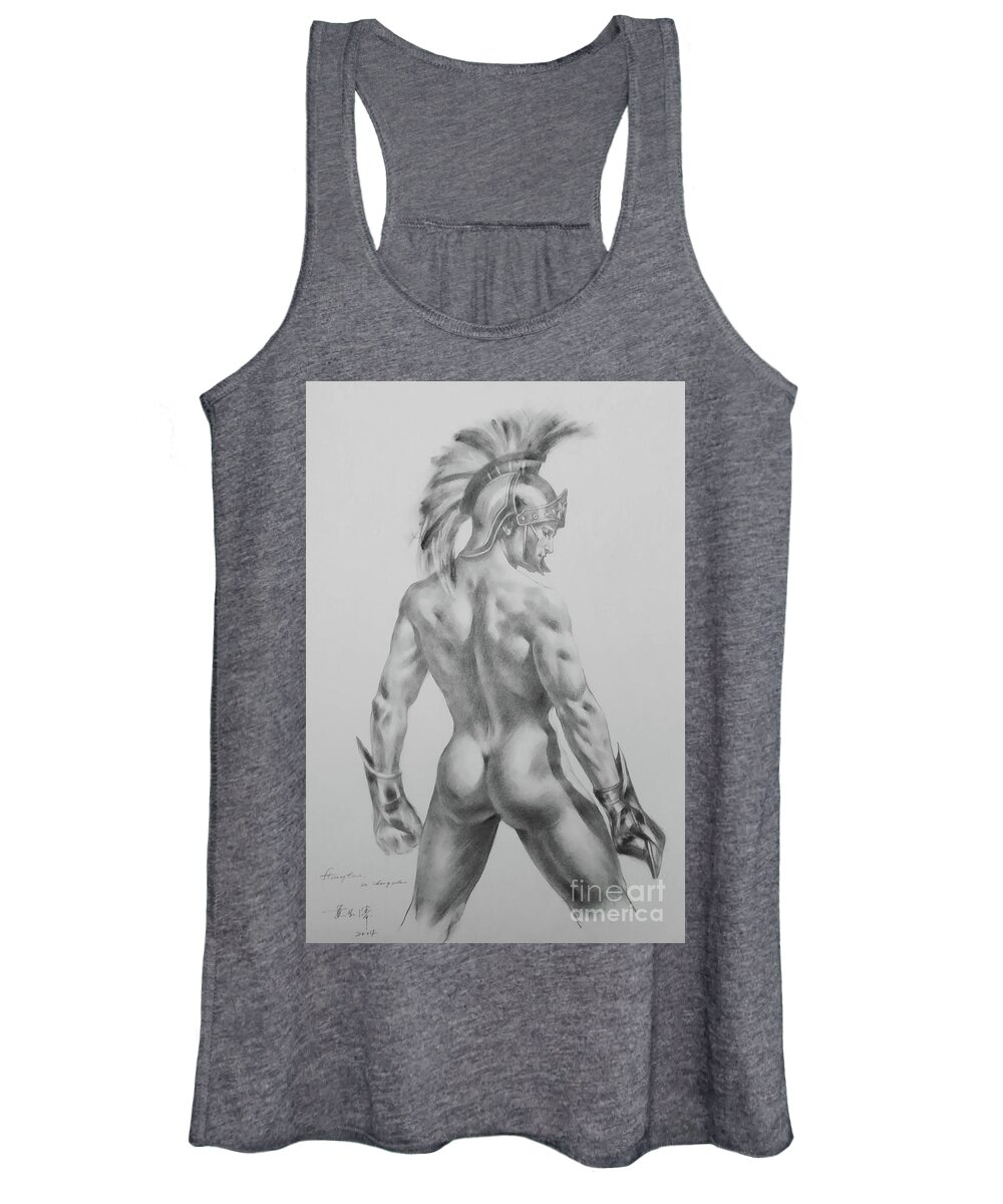 Original Art Women's Tank Top featuring the drawing Original Drawing Sketch Charcoal Chalk Male Nude Gay Interst Man Art Pencil On Paper -0040 by Hongtao Huang