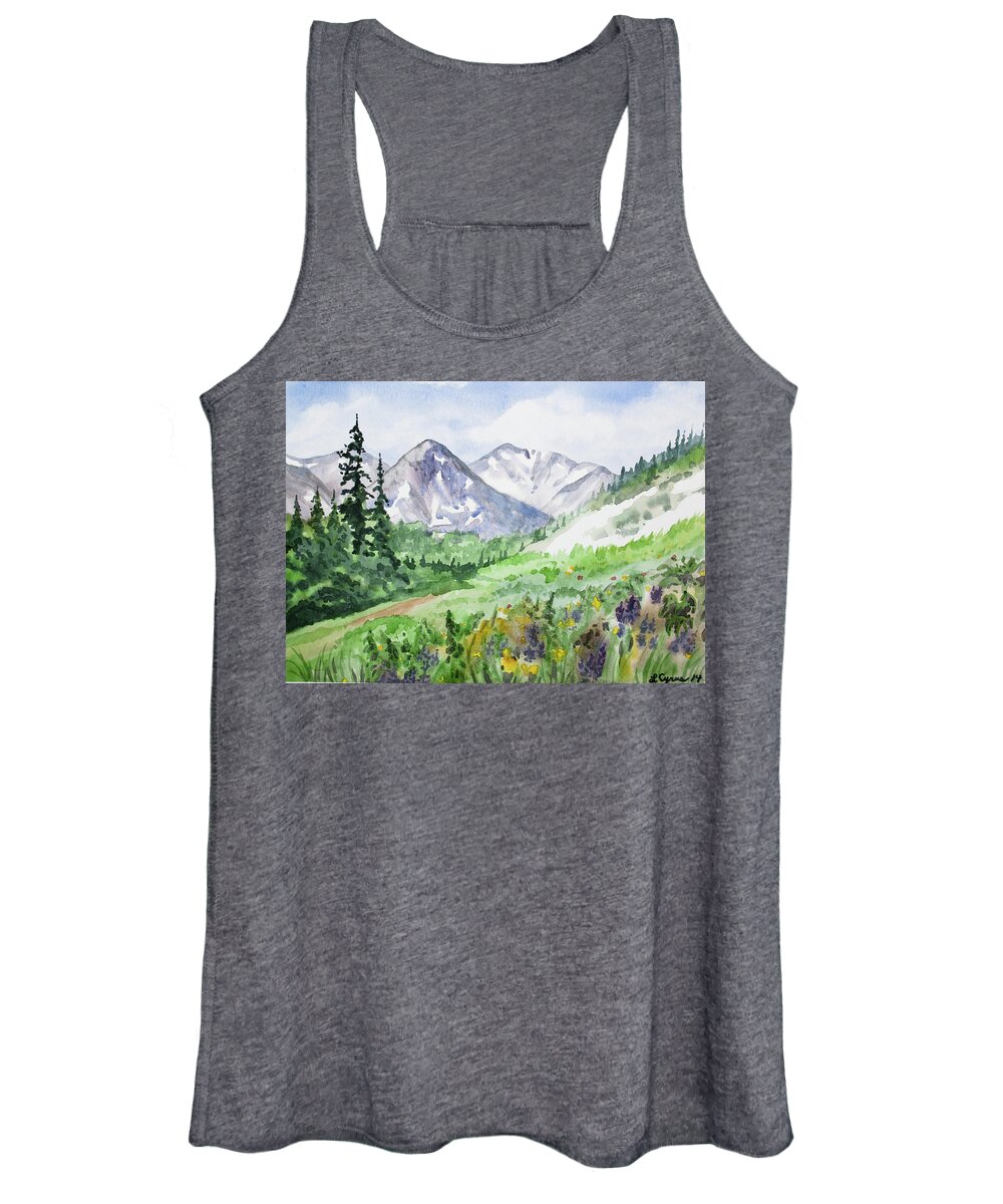 Colorado Women's Tank Top featuring the painting Original Watercolor - Colorado Mountains and Flowers by Cascade Colors