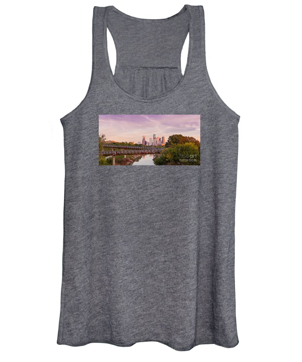 Downtown Women's Tank Top featuring the photograph Panorama of Downtown Houston Skyline from Studemont Drive - Buffalo Bayou Park Houston Texas by Silvio Ligutti