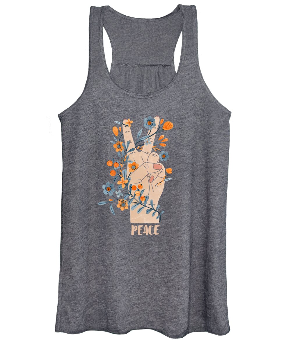 Peace Women's Tank Top featuring the painting Peace Sign With Orange Flowers, Blue Flowers And Vines by Little Bunny Sunshine