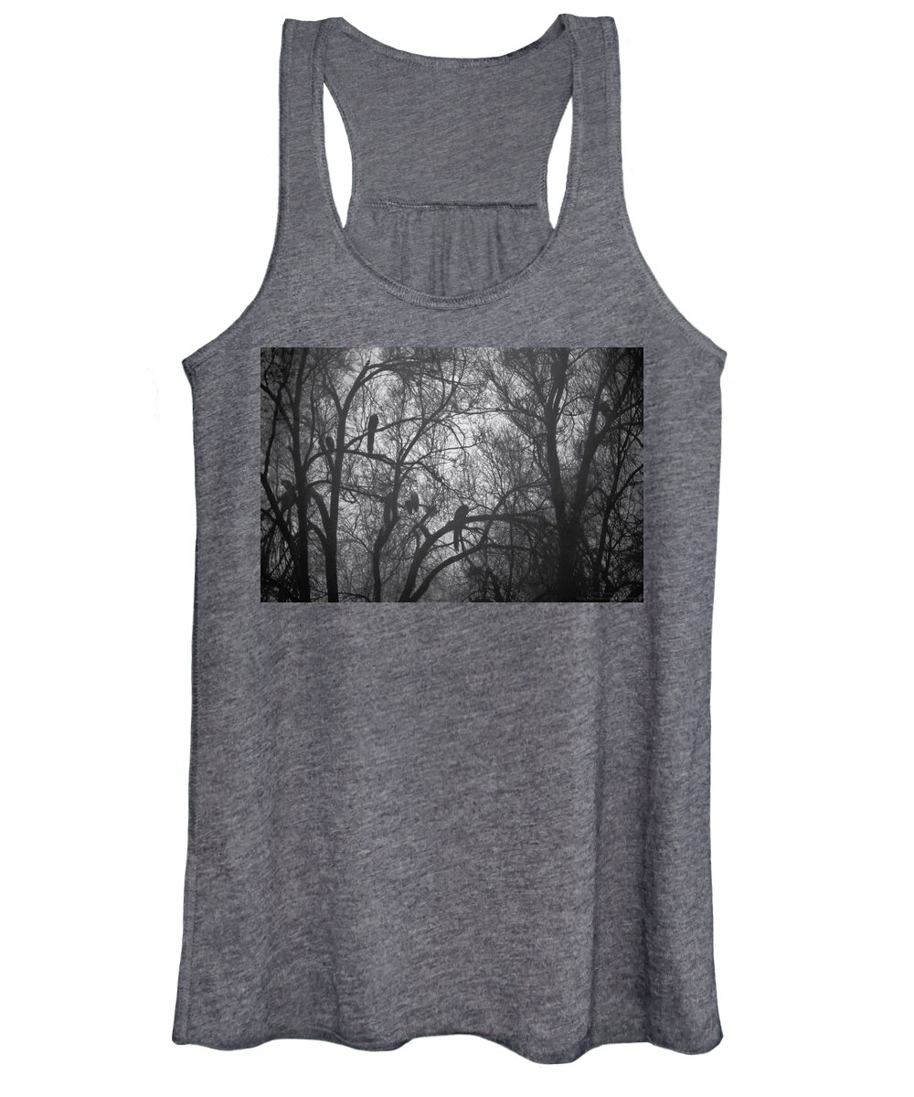 Abstract Women's Tank Top featuring the photograph Peacocks In The Mist bw by Denise Dube