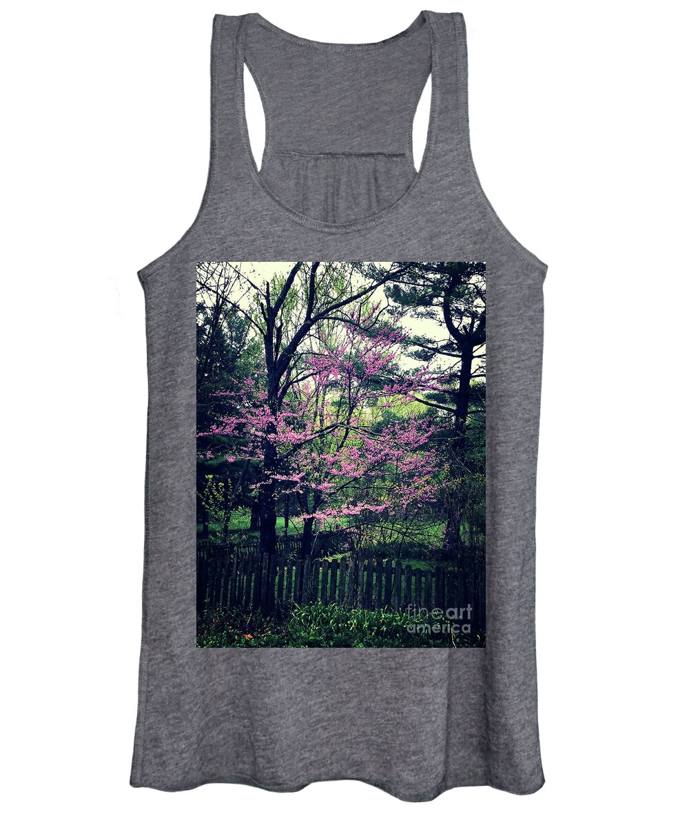 Photograph Women's Tank Top featuring the photograph Picket Fence and Purple Flowers by Frank J Casella