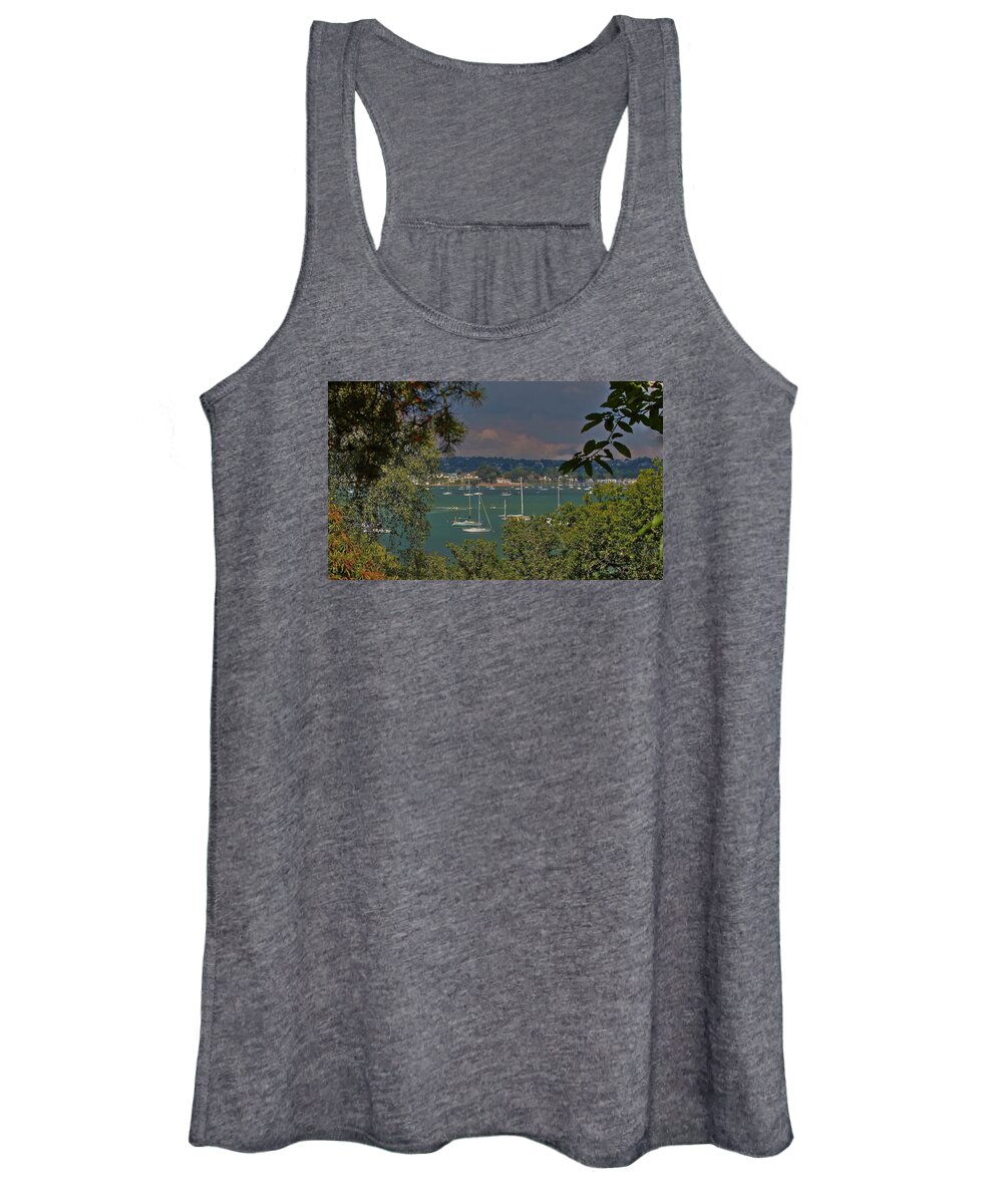 Poole Harbour Bay Water Dorset Sea Coast Landscape Seascape Outdoors Trees Boats Jet Ski Masts Buoys Blue Green White Brownsea Island Sky Bushes Women's Tank Top featuring the photograph Poole from Brownsea Island by Jeff Townsend