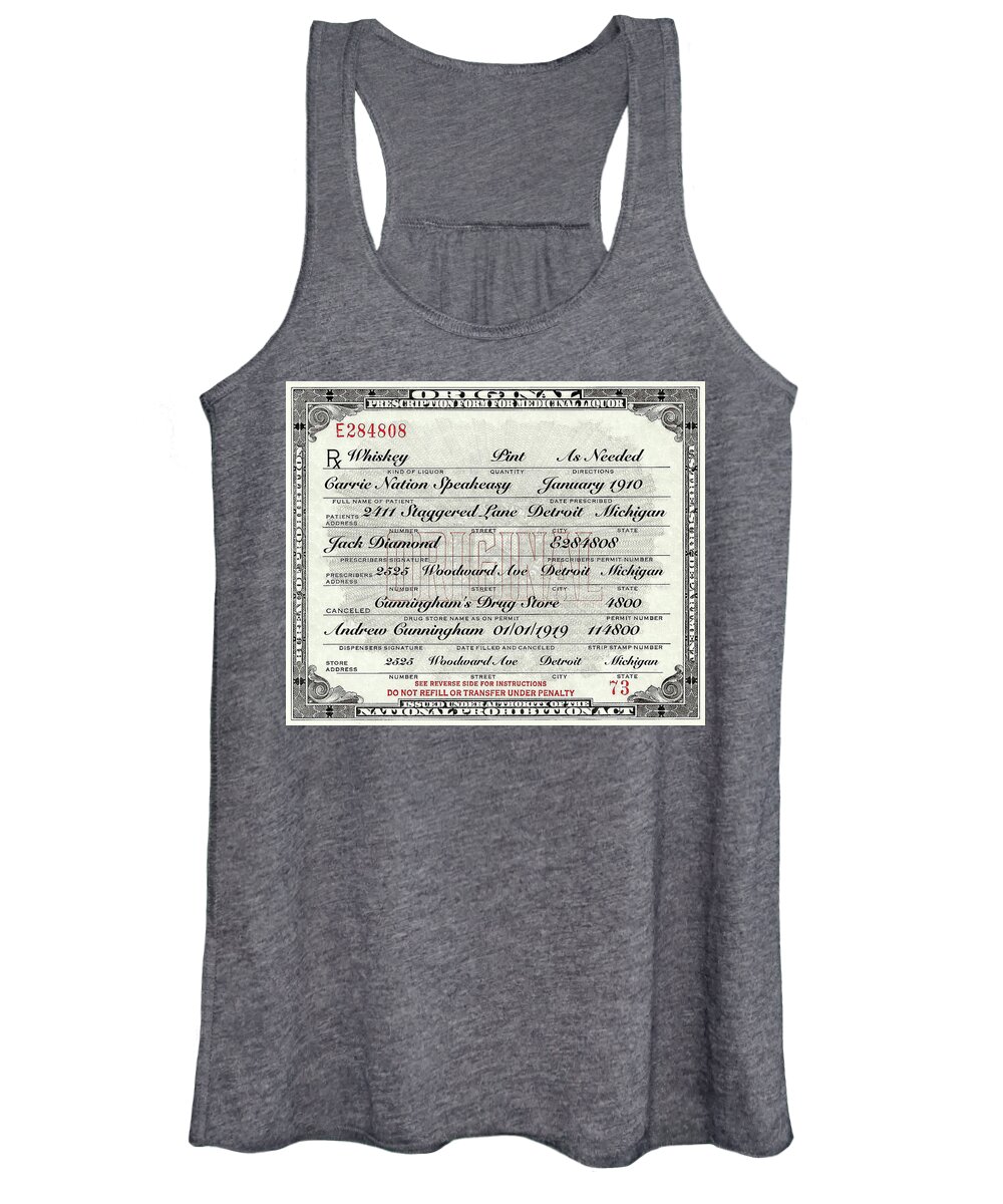 Prohibition Prescription Certificate Carrie Nation Speakeasy Women's Tank Top featuring the photograph Prohibition Prescription Certificate Carrie Nation Speakeasy by David Patterson