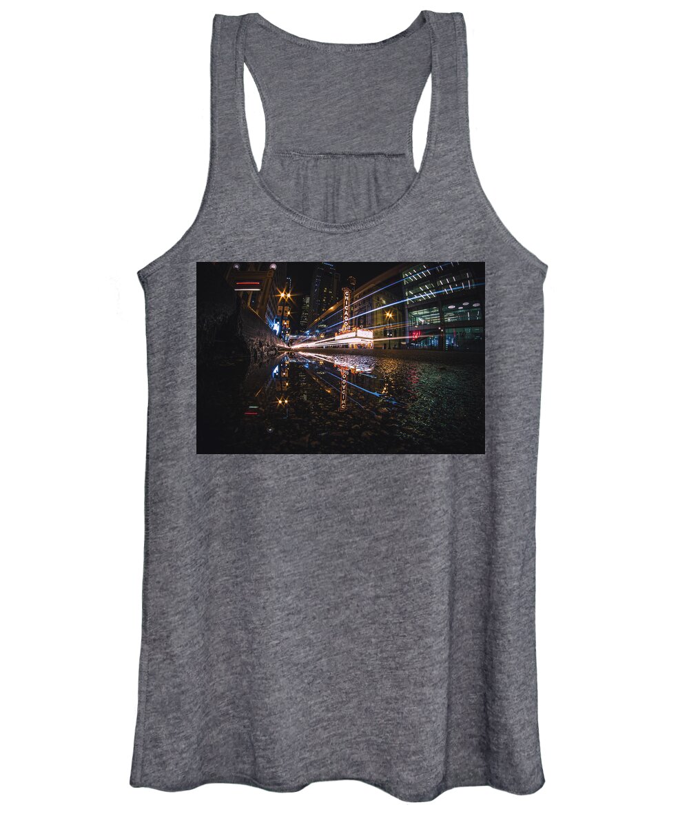 Chicago Women's Tank Top featuring the photograph Puddle nights on State Street by Jay Smith